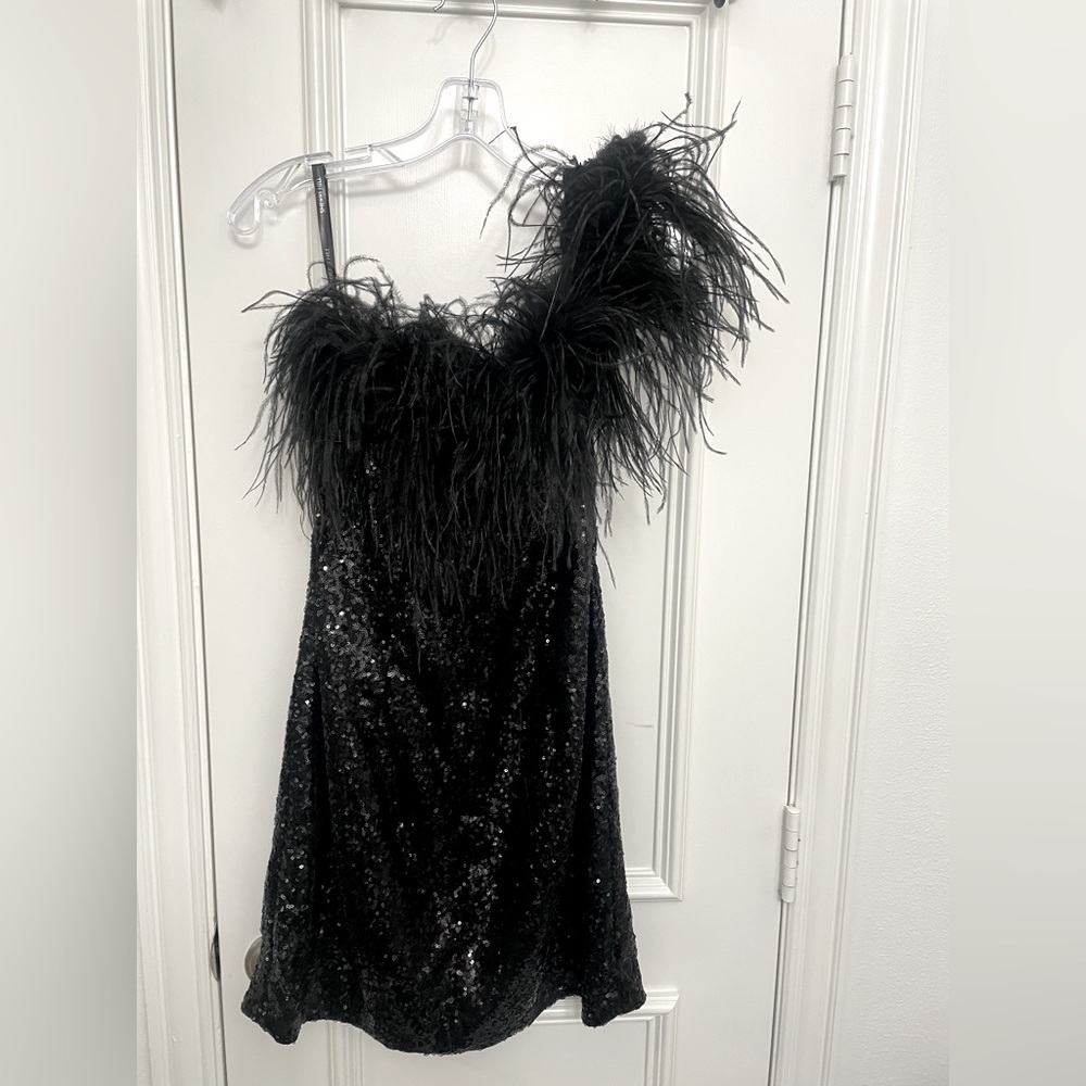Sherri Hill dress from Terri costa: black sequin with ostrich feathers